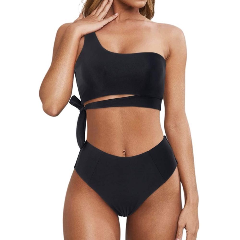One Shoulder High Waisted Bikini Tie High Cut Two Piece Swimsuits